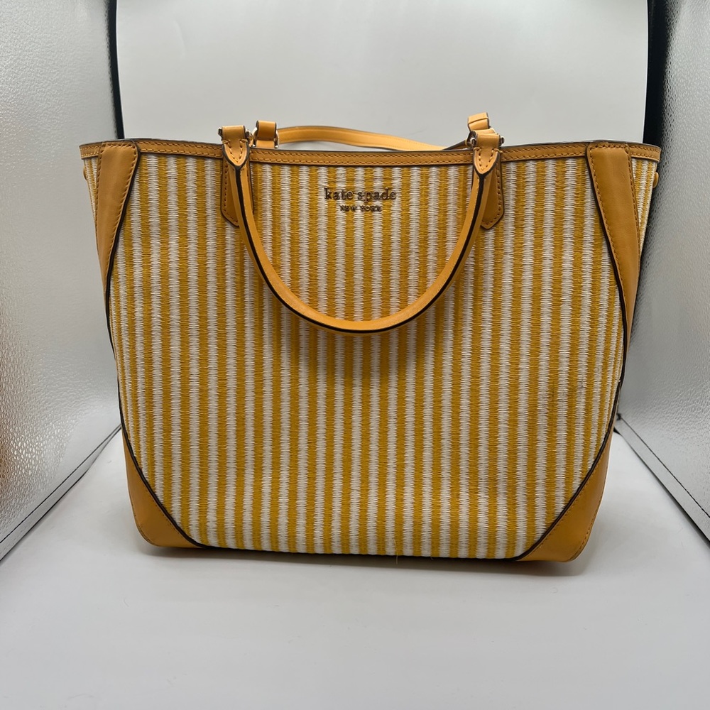 KATE SPADE Buddie Striped Straw and Leather Tote SUNGLOW/YELLOW